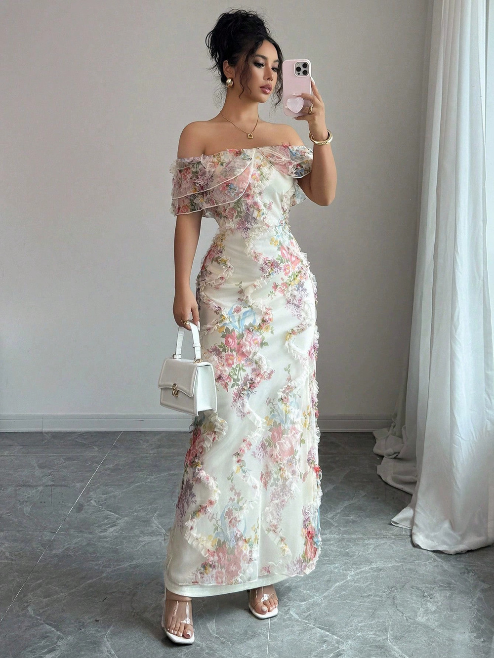 ZARA Elegant French Floral Print Off Shoulder Long Bodycon Dress